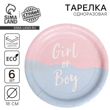 Disposable paper plate Girl or Boy, set 6 pcs, 18 cm