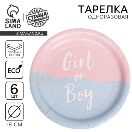Disposable paper plate Girl or Boy, set 6 pcs, 18 cm