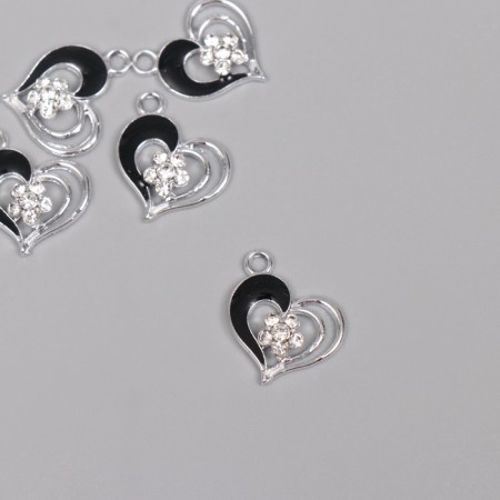 Decor for creativity metal, rhinestones "Heart with flower" silver, black 2x1.7x0.3 cm