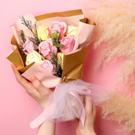 A premium bouquet of pink-yellow soap roses, 9 pcs-4