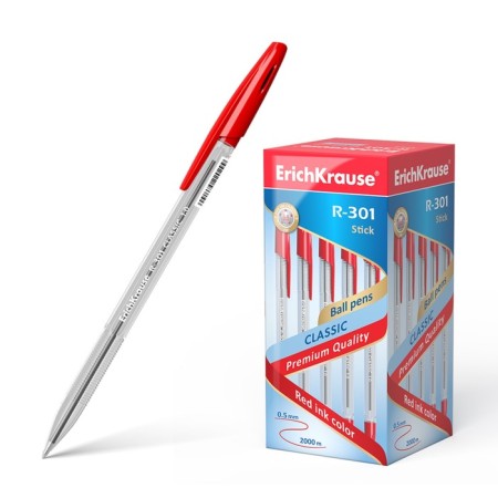 Ballic handle Erich Krause R-301 Classic Stick, Node 1.0 mm, ink red, letter line 2000 meters, barcode on the handle