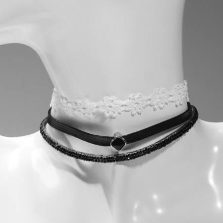 Choker "Trio" Flowers (set of 3 pcs.), Black and white color, 32 cm-1