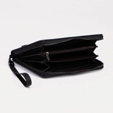 Male purse with zipper, department for bills, for maps, for coins, black color-2