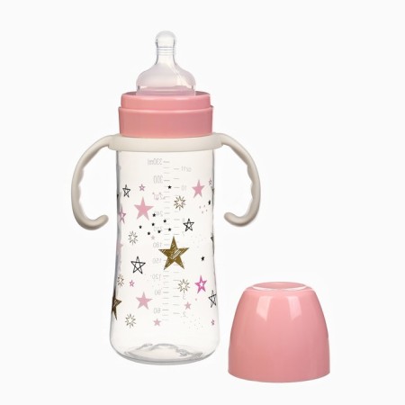 A bottle for feeding Ø50mm shg, "stars", 330 ml, +3 months, pink color, milk handles
