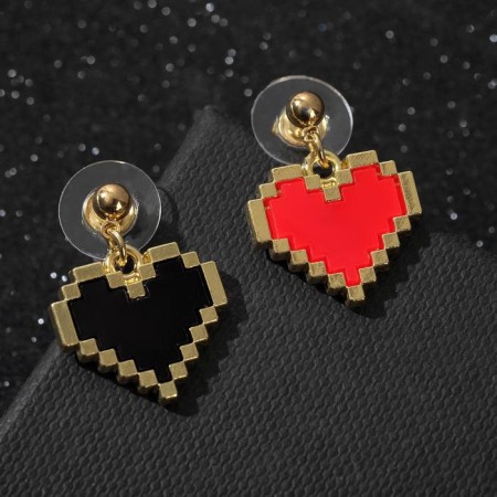 Earrings Assorted "hearts" pixels, red-black color in gold-2