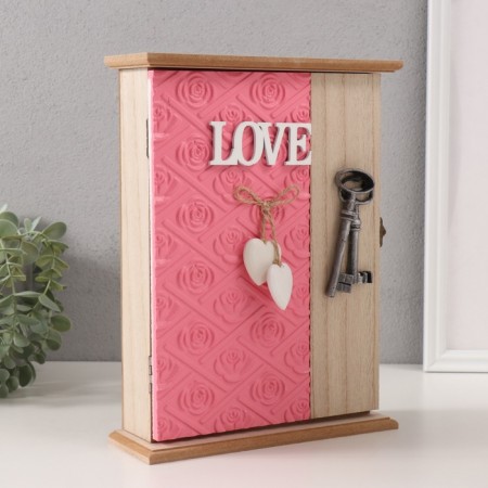 Keywood tree 6 hooks "Circles. Keys and heart" Pink 6.5x20x26.5 cm-1