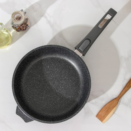 Granite pan, d = 24 cm, removable handle, anti -stick coating, glass cover, gray color.-1