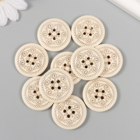 Buttons wood for creativity 4 punctures "Patterns" white set 10 pcs 3x3 cm-2