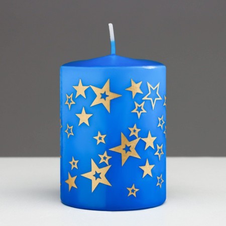 Candle - a cylinder with patterns "Stars", 5.6x8 cm, blue with gold-1
