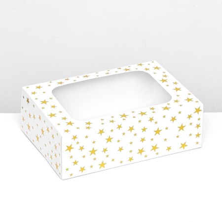 The box is folding, with a window, "stars", white, 23 x 16 x 7.5 cm,