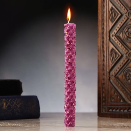 A candle from wax with a rose "Energy, Harmony and Bliss", 13x1.7 cm, 1 h, purple-6