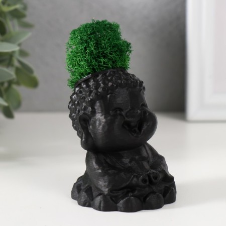 Concrete Kashpo "Buddha" 5.5x6.5x7cm black matte with moss (moss green stabilized)-1