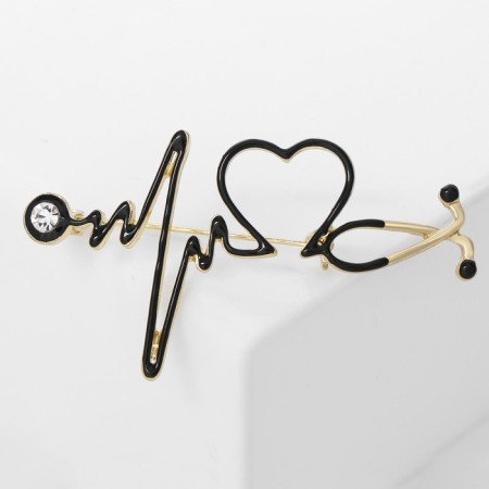 Brooch "Stetoscope" cardiogram, black color in gold-2