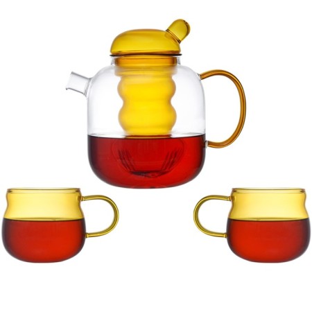 Glass kettle with two cups, yellow color, 1.2 l-4