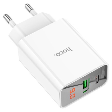 Network charger HOCO C100A, 1 USB, 1 Type-C, 18 W, 3 A, display, PD + Qc, white-1