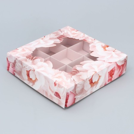 Box for sweets, confectionery packaging, 9 cells, “tenderness”, 14.7 x 14.7 x 3.5 cm