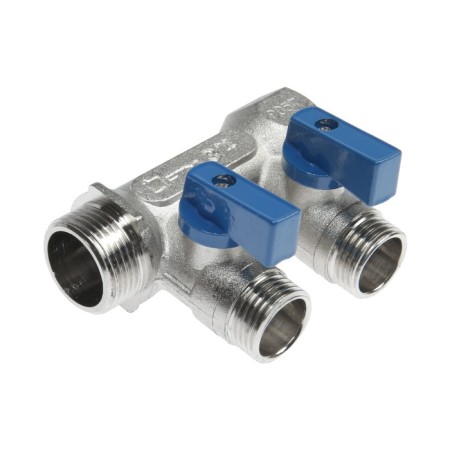 Collector "STM", 3/4 "X1/2", external thread, 2 outputs, with ball valves, nickel.