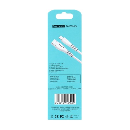 ONE Depot S01T, Type -C - USB, 2.4 A, 1 m, white cable-6