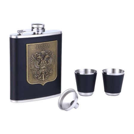 Gift set 4 in 1 Emblem of Russia: Flake 210 ml, funnel, 2 glasses, black, 17 x 20 cm-1