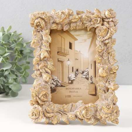 Polystone photo frame 10x15 cm "Pionovid roses" golden aged 16.6x2.9x21.3 cm