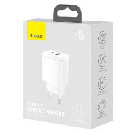 Charger Baseus Compact Quick Charm USB+Type-C, 3A, 20W, White-6