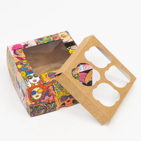 Packaging for 4 cupcakes with a hippie window, 16 x 16 x 10 cm-4