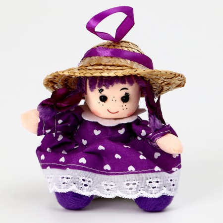 Soft toy "Doll" in a purple dress, on a suspension, 10 cm