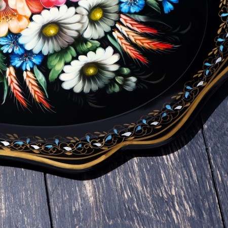 Zhostovsky tray "flowers", blue, with author’s painting, 38x31 cm-1