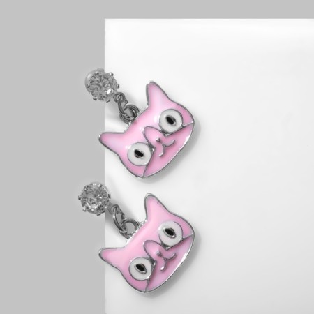 Emall earrings "cats" cartoon, pink-white color in silver