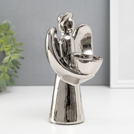 Ceramics candlestick on 1 candle "Angel with a halo" d = 4 cm silver 11.5x10x18.5 cm-3