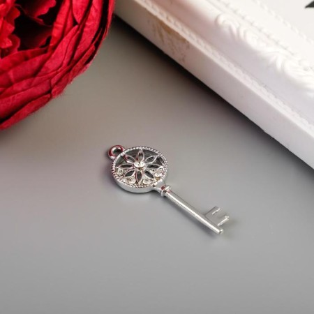 Decor for creativity metal, rhinestones "Key with flower" silver 4x1.5 cm-1