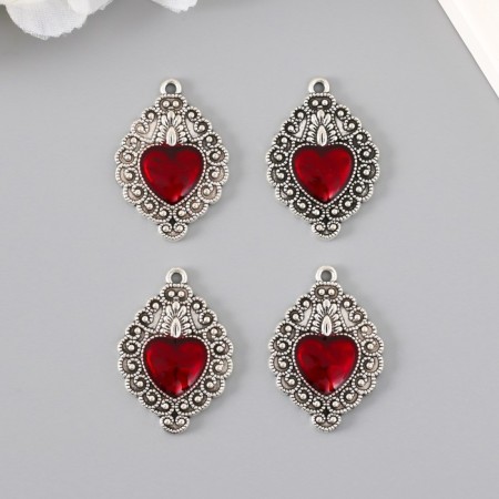 Decor for creativity Metal "Red Heart of the openwork" silver enamel set 4 pcs 3.5x2.4 cm