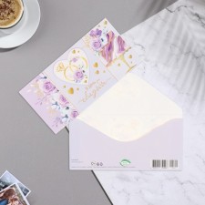 Конверт для денег "В День Свадьбы!" торт, кольца, сиреневый фон, 16,8х8,3 см