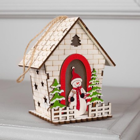 Christmas tree toy "House with a snowman", from batteries, a glow of warm white-1