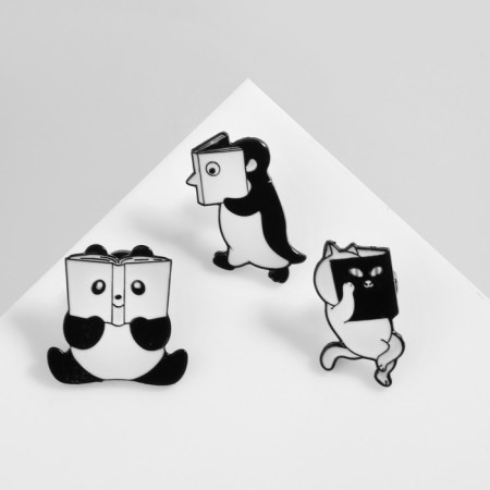 Set of badges (3 pcs.) “Comics” with animals, black and white color in ferrous metal-2