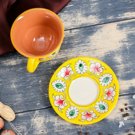 Tea couple Rishtan ceramics "Flowers", 100 ml, (plate 10cm, cup 7.5cm), yellow-1