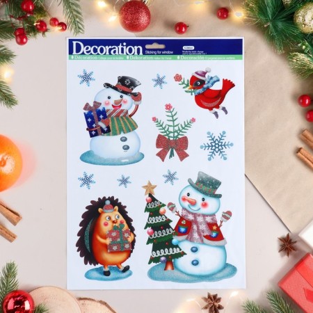 Stickers on the windows "New Year" snowman, hedgehog, Christmas tree