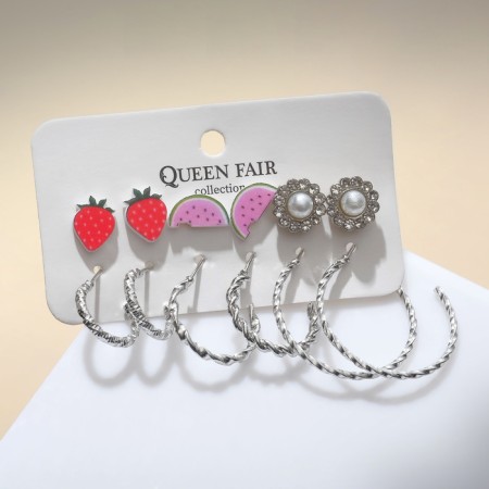 Set of earrings 6 pairs "Assorted" strawberries, watermelon and flower, color in silver-1