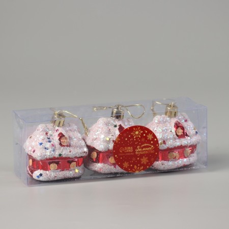 Christmas tree decoration "Funned house" (set of 3 pcs) 6x5 cm, red-white-1