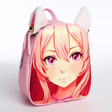 School textile backpack with ears on the hairpins "Anime", 27x23 cm, pink color-2