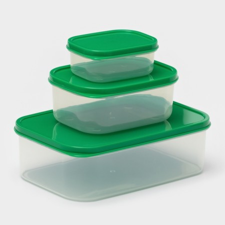 A set of food rectangular lobggling containers, 3 pcs: 150 ml, 500 ml, 1.2 l, green color