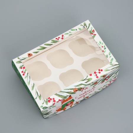 Folding box for 6 cupcakes with the window “Happy New Year!”, Fox, 25 x 17 x 10 cm, new year-2