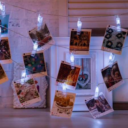 Garland “thread” 5 m with nozzles “clothespins”, IP20, transparent thread, 30 LED, white glow, 8 modes, 220 V