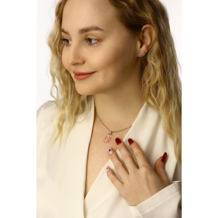 Set of 5 objects: earrings (4 pairs), pendant -pink pendant, pink color in silver, 40 cm-1