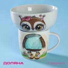 A set of children's utensils from ceramics of the “owl”, 2 items: a mug 230 ml, a bowl 400 ml, white color