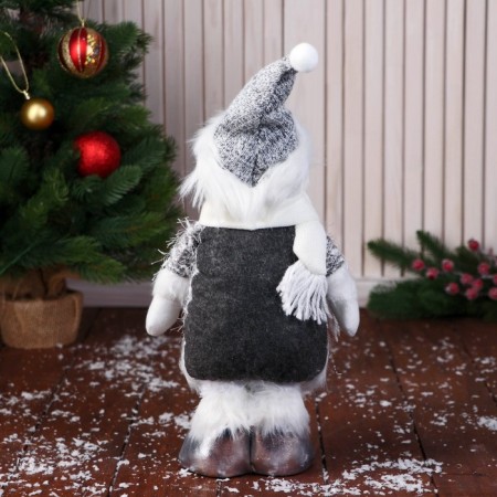 Soft toy "Snowman in the cap and scarf, long legs" stands, white-gray-2