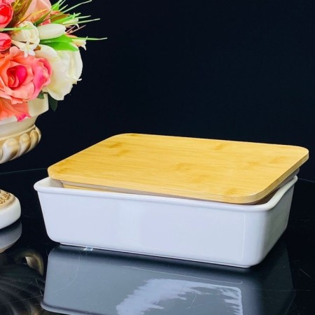 Lenardi baking dish, rectangular, bamboo cover, porcelain, length 29 cm