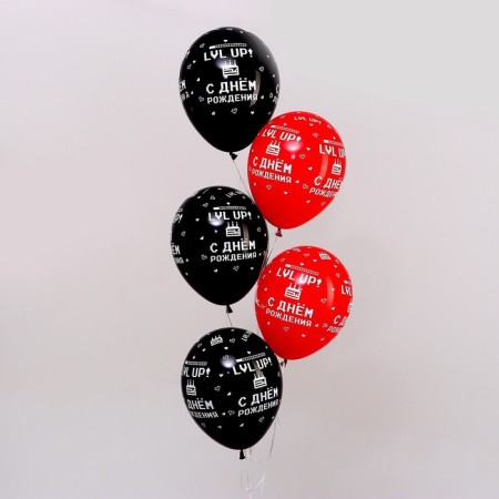 Latex ball 12 “Happy Birthday Gamer 2”, pastel, set 50 pcs., Black, red color-1