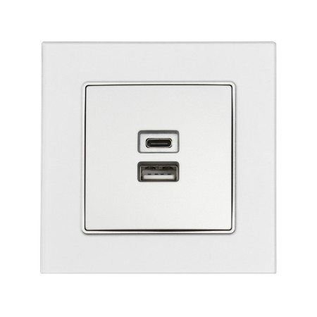 Socket with USB-A + usb-C connectors, 2.1 A, 5V, TOT MATTE GLASS, hidden, glass, silver 104396-2