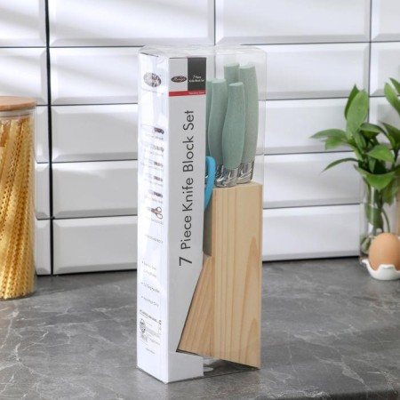 A set of kitchen knives on a stand, 6 objects: 5 knives 8.5 cm, 12 cm, 12 cm, 19.7 cm, 19 cm, scissors, blue color-5